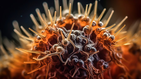 Virus cells. 3D illustration. Microscopic view of virus cells.の素材