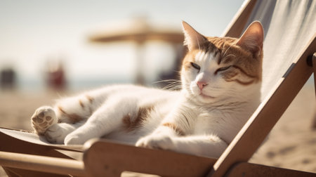 Cute cat relaxing on a deck chair on the beach. Selective focus.の素材