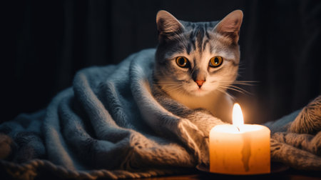 Cute cat wrapped in a soft plaid with burning candle.の素材