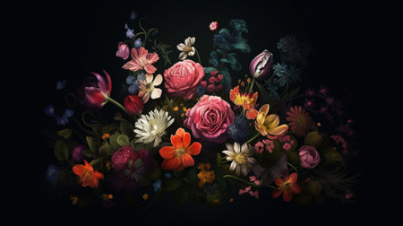 Beautiful bouquet of flowers on a dark background. Digital painting.の素材