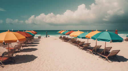 Beach with umbrellas and sunbeds on the sandの素材