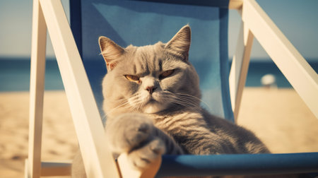 British Shorthair cat lying on a deck chair at the beachの素材