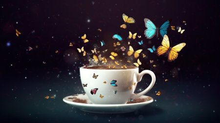 Coffee cup with flying butterflies and bokeh lights on backgroundの素材