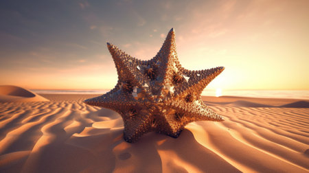 Starfish in the desert at sunset. 3d render illustration.の素材
