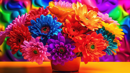Bouquet of colorful gerbera flowers in vase on colorful backgroundの素材