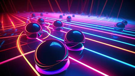 Abstract technology background with neon lines and spheres. 3d illustration.の素材
