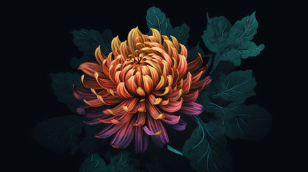 Beautiful chrysanthemum flower on black background. Vector illustration.の素材