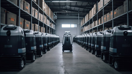 Vacuum cleaner in warehouse. Modern technology and industrial concept.の素材