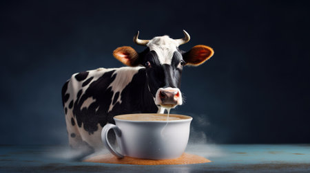 Coffee cup with milk and black and white cow on dark backgroundの素材