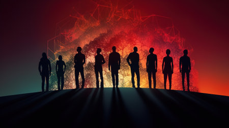 Silhouette of a group of business people standing in front of a big data conceptの素材