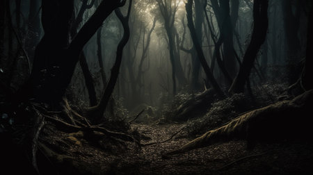 Mysterious dark forest in a foggy day. Halloween conceptの素材