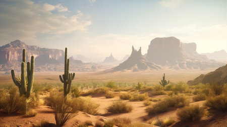 Beautiful desert landscape with cactuses and sand dunes.の素材