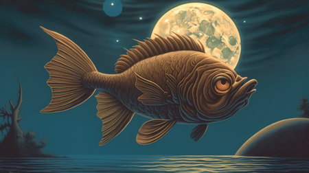 Fish in the sea with full moon background. 3D illustration.の素材