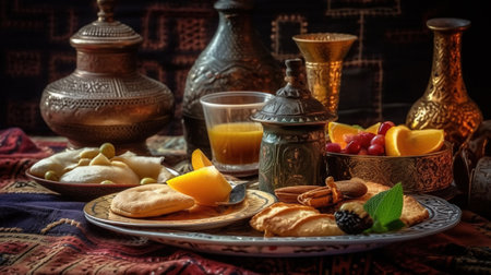 Pancakes with berries and honey on a wooden background. Selective focus.の素材