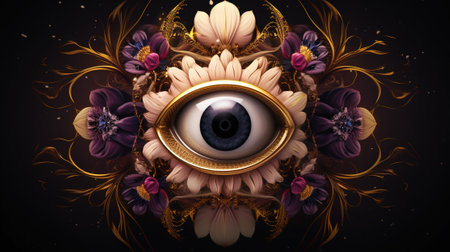Eye of God with floral ornament on black background. 3D renderingの素材