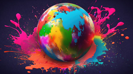 Colorful paint splashes around globe on black background. 3D renderingの素材