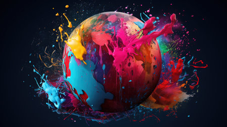 Colorful paint splashes on earth planet. 3D Renderingの素材