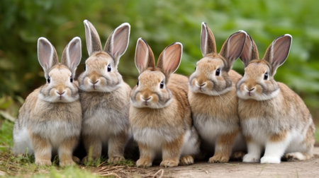 group of bunnies in the garden on green grass background.の素材