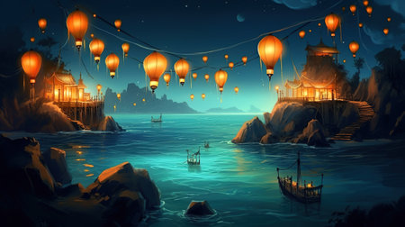 Fantasy landscape with a temple and floating lanterns, 3d illustrationの素材