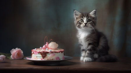 Cute little kitten and cake with cherry on a dark background.の素材