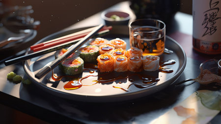 Sushi rolls on a black plate with chopsticks and a glass of teaの素材