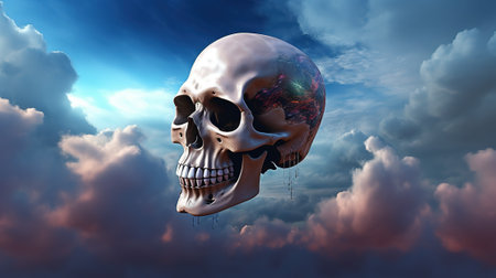 Human skull with planet earth on cloudy sky background. 3d illustrationの素材