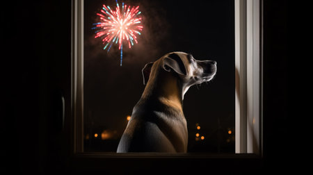 Beagle dog looks out of the window with fireworks in the nightの素材