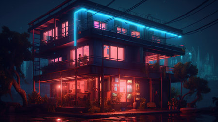 3d render of a house in the city at night with neon lightsの素材