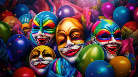 Group of carnival masks on colorful background. 3D illustration.の素材