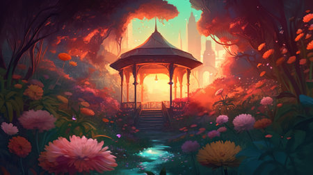 Illustration of a fantasy landscape with a gazeboの素材