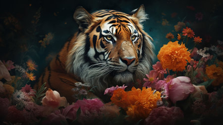 Siberian Tiger with flowers in a dark room. 3d renderingの素材
