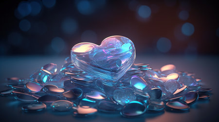 3D rendering of a crystal heart on a blue background with bokehの素材