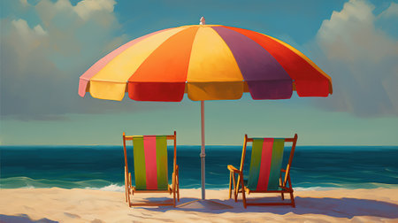 Beach chairs and umbrella on a tropical beach. 3d renderingの素材