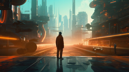 Businessman standing in front of modern city. 3D Renderingの素材