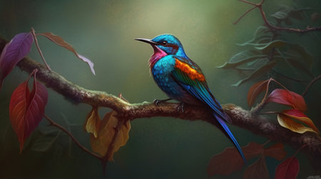 Colorful bird sitting on a branch in the forest. Colorful backgroundの素材