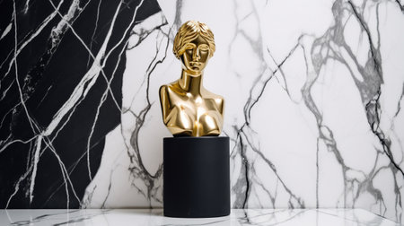 golden statue of a woman on a black stand on a marble backgroundの素材