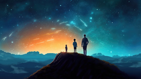 Family of three standing on top of a mountain with starry skyの素材
