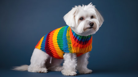 Studio photography of a Bichon Frize dog on colored backgroundsの素材
