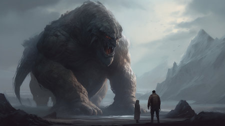 3D illustration of a man and a big monster in the desertの素材
