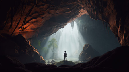 Man looking at the light coming through the cave. 3d renderingの素材