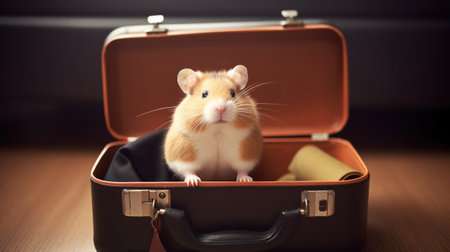Hamster sitting in a suitcase. Concept of travel and vacation.の素材