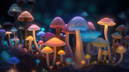 3d illustration of a group of mushrooms in the forest at nightの素材