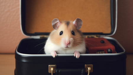 Hamster in a suitcase on a wooden background. close-upの素材