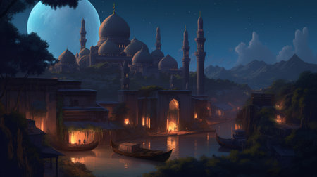 Fantasy landscape with mosque and river at night. 3D illustrationの素材