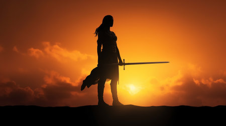Silhouette of a girl with a sword on a sunset backgroundの素材
