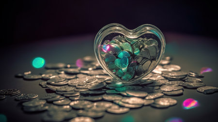 Heart shaped coins in a glass jar on a dark background with colored lightsの素材