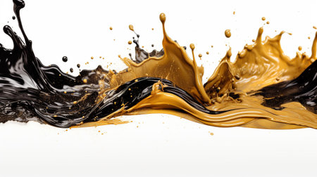 Splash of black and yellow liquid isolated on white background. 3d renderingの素材