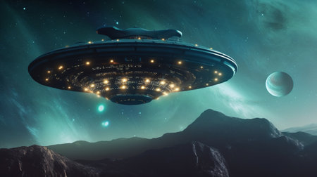 UFO flying in space. Elements of this image furnished by NASAの素材
