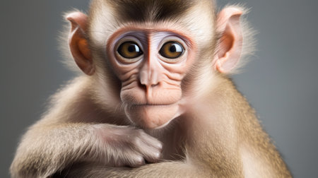 close-up portrait of a cute monkey on a gray background studioの素材