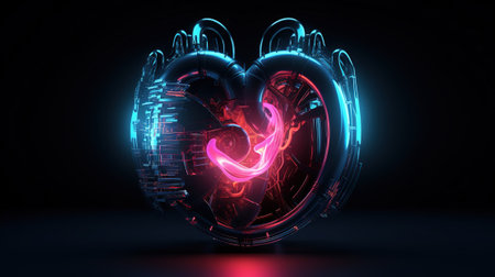 Glowing neon heart on dark background. Love concept. 3D Renderingの素材